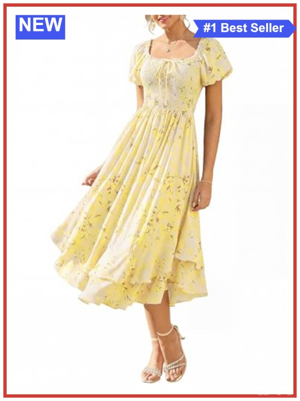Womens Floral Maxi Wedding Guest Dress Square Neck Puff Sleeve Chiffon